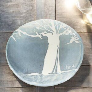 Vintage Oriental Hand Made Studio Pottery Dish Plate Tree Scene Artist Signed